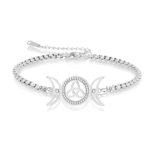 VASSAGO Dreifach-Mond-Göttin-Armband, Edelstahl keltischer Knoten Charm-Armband verstellbar geschichtet Wicca-Amulett irischer Schmuck für Frauen (Silberbox-Kette) von VASSAGO