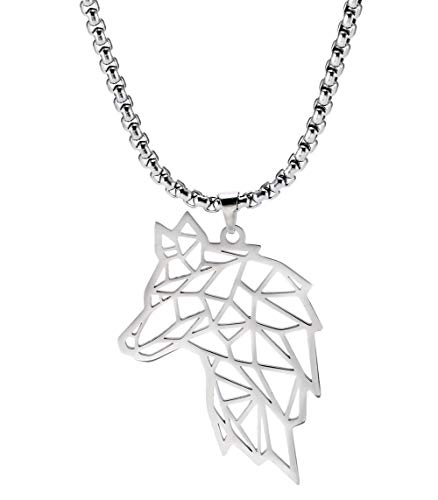 VASSAGO Edelstahl Wolfskopf Anhänger Halskette Geometrisch Ausgehöhlt Design Tier Charme Breite Kette Halsketten für Männer Teenager Wolf Liebhaber Geschenke von VASSAGO