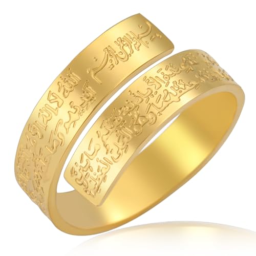 VASSAGO Einstellbare islamische Ayatul Kursi Ring/Armband für Frauen Männer Muslim Allah Koran Ringe Arabisch Kalligraphie Islam Eid Islamischer Ringe Schmuck Geschenke (Gold Islamischer Ring) von VASSAGO