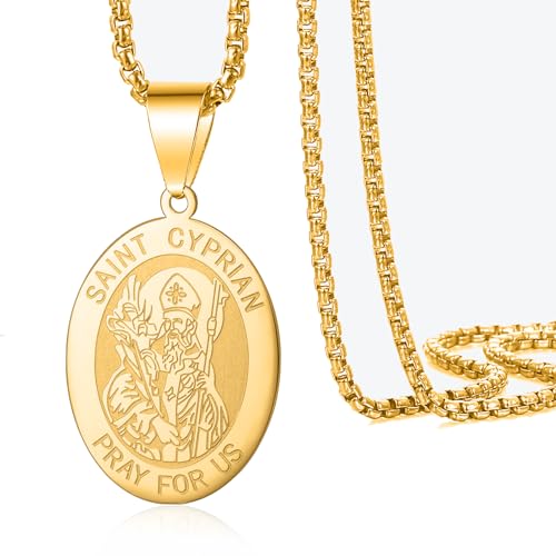 VASSAGO Erzengel St. Michael/St. Cyprian Halskette St. Michael Anhänger Erzengel Medaillon Halskette Patron Schutz Amulett Medaille Schmuck Geschenke für Männer Frauen (Gold Saint Cyprian Halskette) von VASSAGO