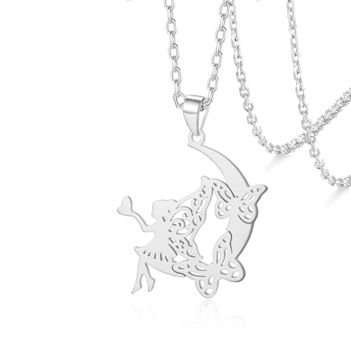 VASSAGO Feen Halskette für Teenager Edelstahl Mond Schmetterling Anhänger Halskette Schmuck Geschenke für Frauen Tochter Schwester (Silber) von VASSAGO