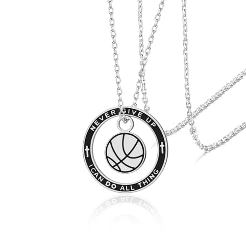 VASSAGO Fußball-/Basketball-Halskette mit Aufschrift Never Give Up I Can Do All Things motivierend inspirierend Sport Schmuck Geschenke für Männer und Frauen (Silber Basketball Halskette) von VASSAGO