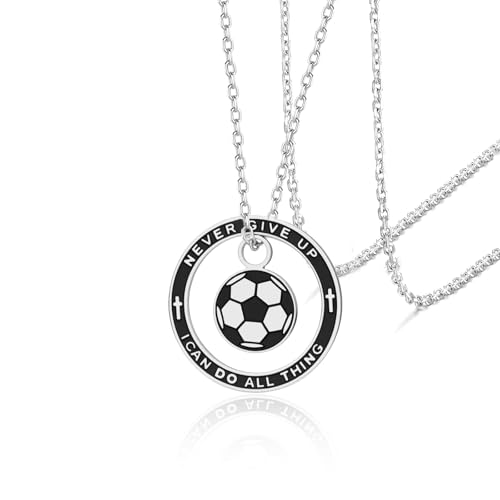 VASSAGO Fußball-/Basketball-Halskette mit Aufschrift Never Give Up I Can Do All Things motivierend inspirierend Sport Schmuck Geschenke für Männer und Frauen (Silber Fußball Halskette) von VASSAGO