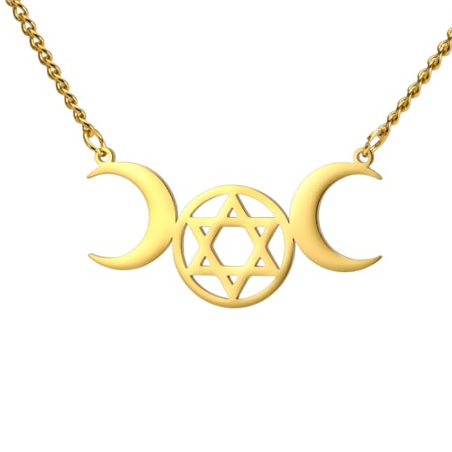 VASSAGO Halskette mit Dreifachmond-Göttin-Anhänger Wicca Pentagramm Amulett Halskette Edelstahl Schmuck von VASSAGO