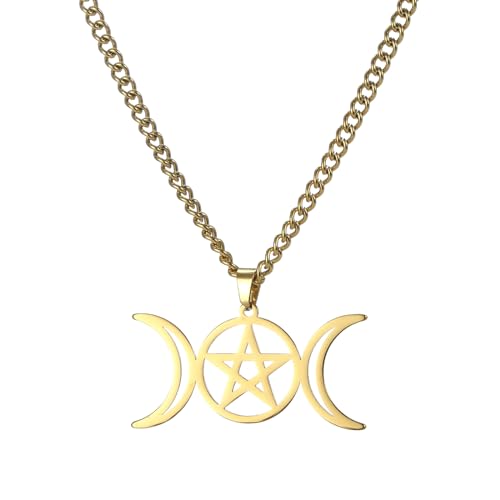 VASSAGO Halskette mit Dreifachmond-Göttin-Anhänger Wicca Pentagramm Amulett Edelstahl Schmuck für Mädchen, Frauen, jung, unisex von VASSAGO