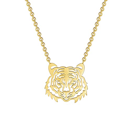 VASSAGO Halskette mit Tiger-Anhänger für Damen und Mädchen, Edelstahl, niedliche Afrika-Löwen, Tigergesicht, Halsketten, zierlicher, ausgehöhlter Charm, Schmuck, Geschenk, Edelstahl, Kein Edelstein von VASSAGO