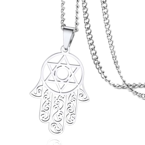 VASSAGO Hexagramm Hamsa Hand Anhänger Halskette für Männer Magen David Halskette Hamsa Hand der Fatima Halskette Islam arabischen jüdischen Stern Palme geformt Schmuck, Edelstahl von VASSAGO