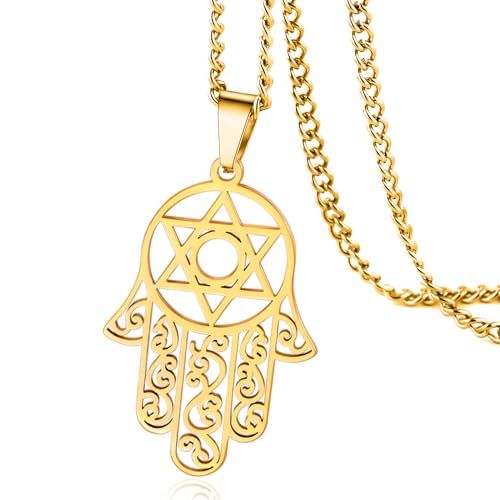 VASSAGO Hexagramm Hamsa Hand Anhänger Halskette für Männer Magen David Halskette Hamsa Hand der Fatima Halskette Islam arabischen jüdischen Stern Palme geformt Schmuck, Edelstahl von VASSAGO