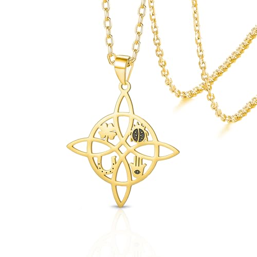 VASSAGO Hexenknoten Halskette Marienkäfer vierblättriges Kleeblatt Hufeisen Hamsa Anhänger keltischer Knoten Halskette Glücksbringer Schutzx Hexerei heidnischer irischer Schmuck für Frauen (Gold) von VASSAGO