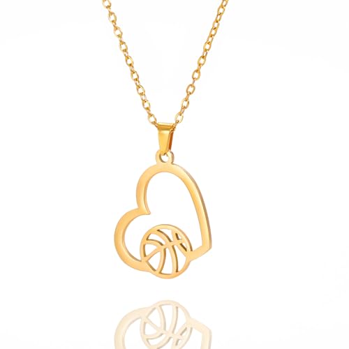 VASSAGO Hohle Volleyball Halskette Edelstahl Liebe Basketball Halskette Minimalistischer Sport Schmuck Schlüsselbein Kette Geschenke für Teenager Mädchen Jungen (Gold Love Basketball Halskette) von VASSAGO