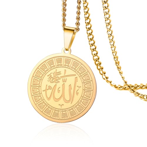 VASSAGO Islamischer muslimischer Schmuck Allah Halskette für Männer Frauen Runde Form Religiöse Anhänger Halskette Ayatul Kursi Muslimische Halskette Islam Arabischer Schmuck Geschenk, Edelstahl von VASSAGO