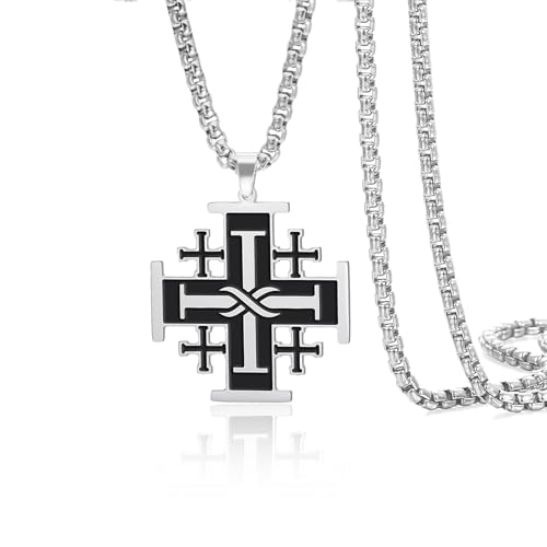 VASSAGO Jerusalem-Kreuz-Halskette, Edelstahl, Kreuzfahrer, Kreuzanhänger, Halskette, religiöse Aussage, Gebet, Amulett, mittelalterliche Taufe, Schmuck, Geschenk für Männer und Frauen, Einheitsgröße von VASSAGO