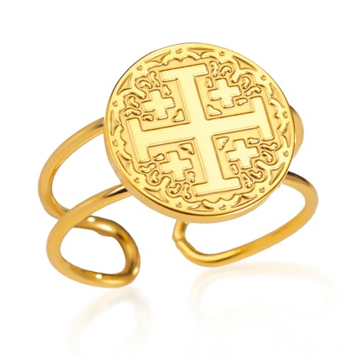 VASSAGO Jerusalemer Kreuzritter für Damen und Herren Christlich Katholische Tempelritter Edelstahl Offen Verstellbare Ringe Religiöser Schmuck Taufgeschenk (Jerusalem Kreuz ringe) von VASSAGO