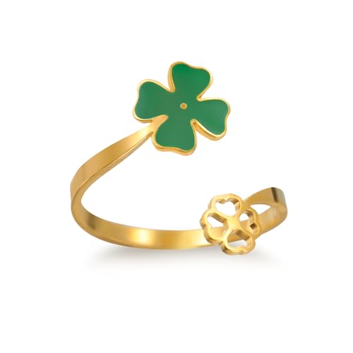 VASSAGO Kleeblatt Ring für Damen, Edelstahl Glücksklee mit vierblättrigem Kleeblatt verstellbarer offener Ring irischer Schutz Amulett Schmuck (Kleeblatt Ring-G) von VASSAGO