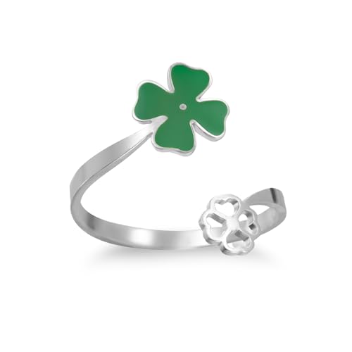 VASSAGO Kleeblatt Ring für Damen, Edelstahl Glücksklee mit vierblättrigem Kleeblatt verstellbarer offener Ring irischer Schutz Amulett Schmuck (Kleeblatt Ring-S) von VASSAGO