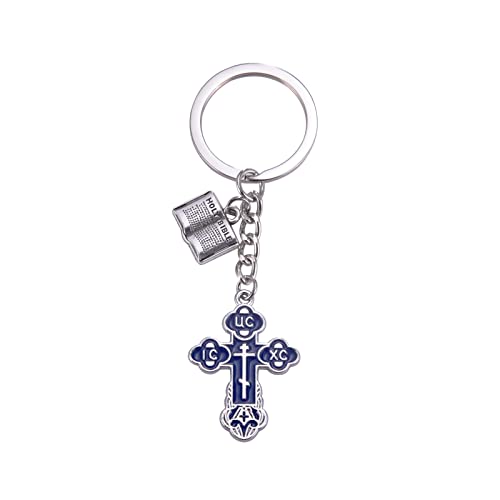 VASSAGO Kreuz Schlüsselanhänger Religiöses Christliches Orthodoxes Kruzifix Knospenkreuz Jesus Christus Östliches Kreuz Charm Anhänger Schlüsselring (Blau) von VASSAGO