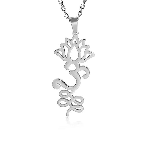 VASSAGO Lotusblume Om Halskette für Frauen Mädchen Unalome Lotus Anhänger Om Aum Ohm Symbol Yoga Halskette mit Lotusblüte Charm Edelstahl Spiritueller Schmuck Buddism Geschenk, Edelstahl von VASSAGO