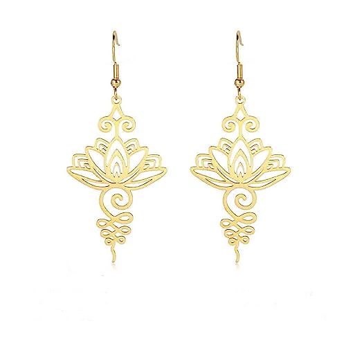 Lotusblumen-Ohrringe, böhmische baumelnde Tropfenohrringe, Edelstahl, Buddismus, Yoga, Heilung, Ohrringe, einzigartiges Symbol, Amulett, religiöser Schmuck, Einheitsgröße, Edelstahl, Kein Edelstein von VASSAGO