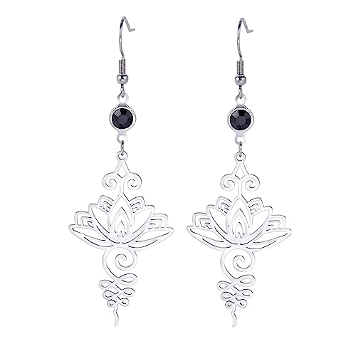 Lotusblumen-Ohrringe, böhmische baumelnde Tropfenohrringe, Edelstahl, Buddismus, Yoga, Heilung, Ohrringe, einzigartiges Symbol, Amulett, religiöser Schmuck, Einheitsgröße, Edelstahl, Kein Edelstein von VASSAGO