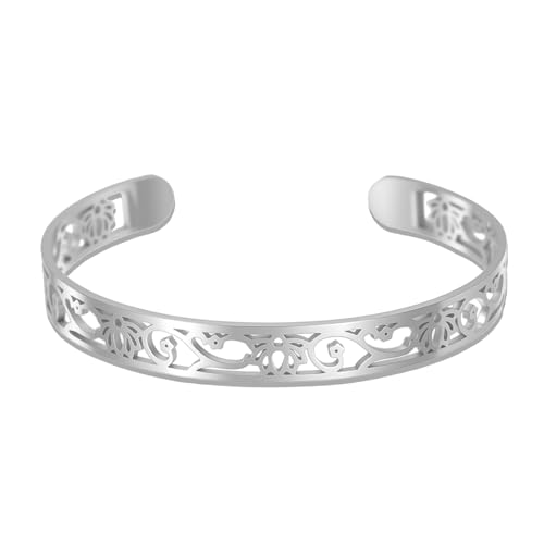VASSAGO Lotusblumen-Armband verstellbarer Blumen-Armreif Edelstahl Lotus-Manschette Boho-Blumenschmuck Geschenk (Silber) von VASSAGO