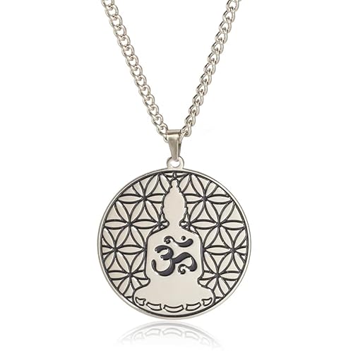 VASSAGO Om Aum Halskette Ohm Lotus Anhänger Buddha Kette Edelstahl Rund Meditationsschmuck für Männer Frauen von VASSAGO