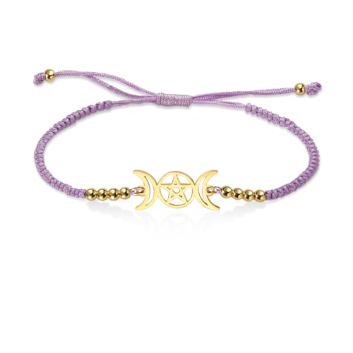 VASSAGO Triple Moon Goddess Armband für Frauen Wicca Pentagram Amulett Handgemachtes geflochtenes Mond Pentakel Armband Seil Schnur Armband Pagan Schmuck (Lila) von VASSAGO