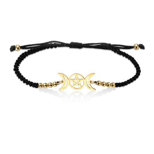 VASSAGO Triple Moon Goddess Armband für Frauen Wicca Pentagram Amulett Handgemachtes geflochtenes Mond Pentakel Armband Seil Schnur Armband Pagan Schmuck (Schwarz) von VASSAGO