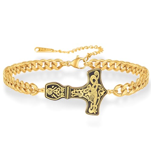 VASSAGO Viking Armbänder für Männer, Norse Thors Hammer Link Manschette Armband mit Mjolnir Rune Edelstahl Nordic Vintage Pagan Amulett Schmuck (Mjolnir Armband-G) von VASSAGO