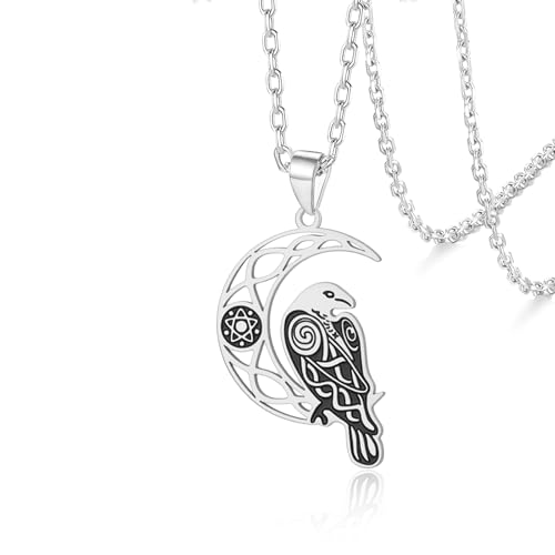 VASSAGO Wikinger-Raben-Halskette für Frauen und Männer Edelstahl-Halskette mit Halbmond Odin-Raben-Anhänger Amulett Schmuck Geschenk (Silber) von VASSAGO