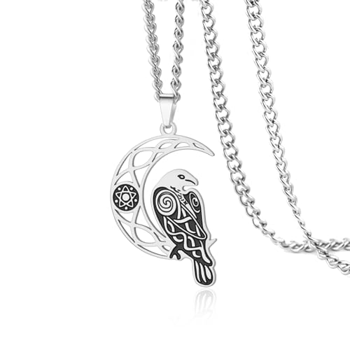 VASSAGO Wikinger-Raben-Halskette für Frauen und Männer Edelstahl-Halskette mit Halbmond Odin-Raben-Anhänger Amulett Schmuck Geschenk (Silber 2) von VASSAGO