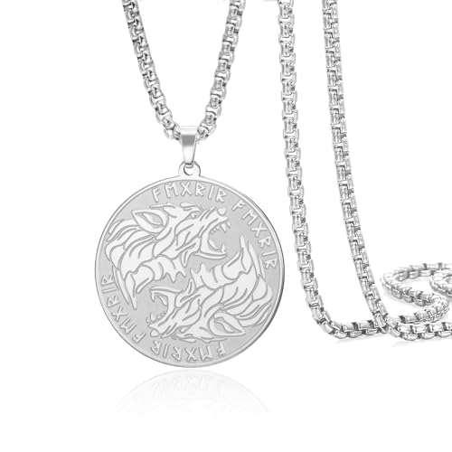 VASSAGO Wikingerwolf-Halskette für Herren Edelstahl nordische Wikinger-Runen Wolfskopf-Anhänger Halskette Amulett Schmuck (Silber-Box-Kette) von VASSAGO