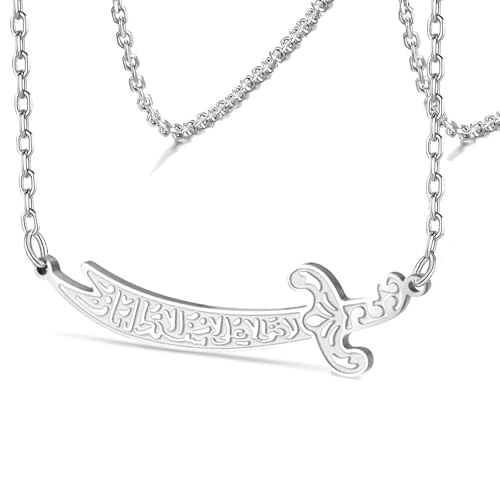 VASSAGO Zulfiqar Schwert Halskette für Damen Herren Imam Ali Zulfiqar Schwert Anhänger Arabisch Islamic Muslim Rune Schmuck Talisman Amulett Religiöses Geschenk (Silber Halskette) von VASSAGO