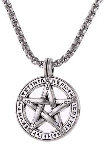 VASSAGO Wikinger 24 Runen Pentagramm Anhänger Halskette Amulett Stern Charm Gliederkette Halsketten Wicca Schmuck für Damen und Herren 61 cm von VASSAGO