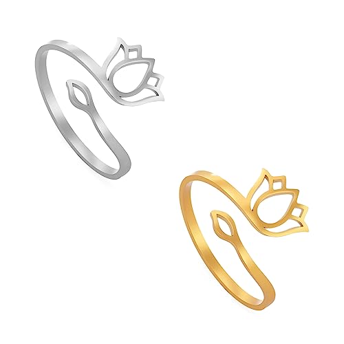 VASSAGO Verstellbare Lotusblumen-Ringe für Frauen, Om, Yoga, Blume, Versprechen, Ringe, Ausschnitt, einfarbig, Lotusblume, Ring, verstellbarer Lotusring von VASSAGO