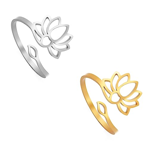 VASSAGO Verstellbare Lotusblumen-Ringe für Frauen Om Yoga Blume Versprechen Ringe, Ausschnitt Einfarbig Lotusblume Ring, Verstellbarer Lotusring Inspirierender Schmuck, Geschenk für Frauen Mädchen von VASSAGO