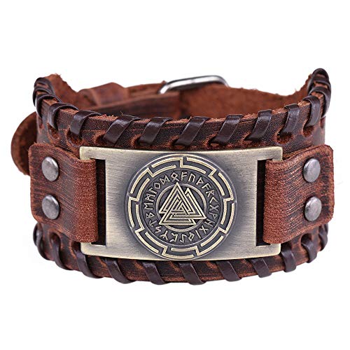 Vintage Amulett Nordic 24 Viking Runen Odins Symbol Valknut Bangle Brown Lederarmband für Männer, Frauen (braunes Leder, antike Bronze) von VASSAGO