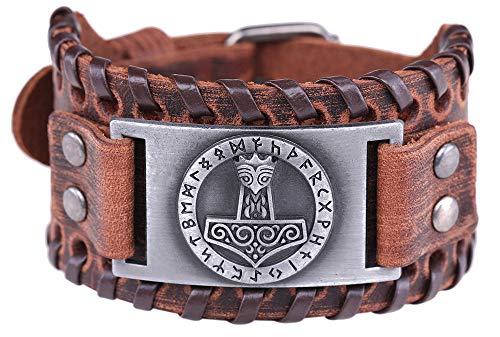 Vintage Amulett gotischen nordischen Mythos Thors Hammer Wikinger Runen keltischen Irish Knot braun Leder Gürtelschnalle Armband (braunes Leder, antikes Silber) von VASSAGO