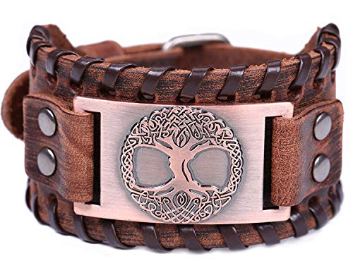 Vintage Amulett nordischen Viking Baum des Lebens Yggdrasil keltischen Knoten Metall braun Lederarmband für Männer (braunes Leder, antikes Kupfer) von VASSAGO