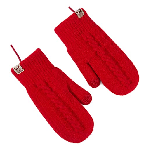 Gemütliche Woll-Zopfstrick-Handschuhe für Damen, winddicht, doppellagig, Winter, dick, warmes Fleece-Futter, Fäustlinge mit Schnur, rot, Einheitsgröße von VASTLUCKY