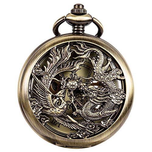Antique Half Hunter Mechanical Hand-Wind Pocket Watch for Men Steampunk Vintage Skeleton Antique Phoenix and Dragon Hollow Bronze Case and Chain von ÖSSZEFUT