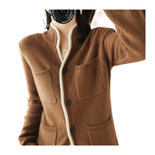 VATIVA Damen 100% Kaschmir Pullover Herbst/Winter Stehkragen Cardigan Casual Knit Tops Jacke (Farbe: Karamellfarbe, Größe: L) von VATIVA