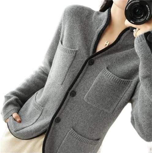 VATIVA Damen 100% Kaschmir Pullover Herbst/Winter Stehkragen Cardigan Casual Knit Tops Jacke (Farbe: grau, Größe: S) von VATIVA