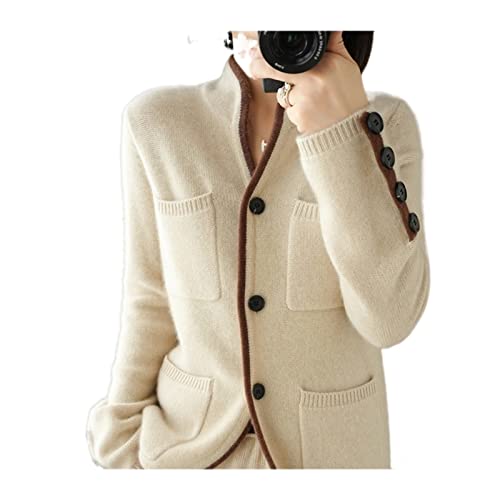 VATIVA Damen-Pullover aus 100 % Kaschmir, Herbst/Winter, Stehkragen, Strickjacke, lässig, Strickoberteil, Jacke (Farbe: Ecru, Größe: XXL) von VATIVA