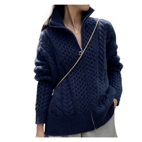 VATIVA Damen 100% Kaschmir lockerer dünner Reißverschluss Pullover dick hochgeschlossene Kaschmir Strickjacke (Farbe: Blau, Größe: L) von VATIVA