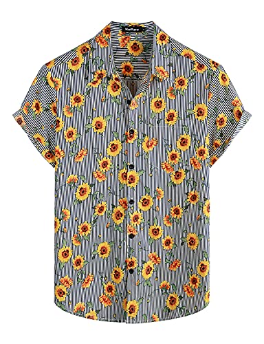 VATPAVE Herren Floral HawaiiHemden Casual Knopfleiste Kurzarm Aloha Strand Shirts Mittel Schwarze Sonnenblume Button up von VATPAVE