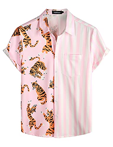 VATPAVE Herren Flamingo Hawaii Hemd Männer Freizeit Kurzarmhemd Sommer Strandhemd Floral Print Mittel Rosa Tiger von VATPAVE