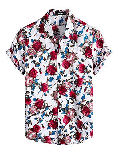VATPAVE Herren Baumwolle Hawaii Hemd Männer Blumen Freizeit Kurzarmhemd Sommerhemd Strandhemd Klein Weiß Rose von VATPAVE