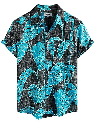 VATPAVE Herren Front Pocket HawaiiHemden Freizeithemden Blumen Kurzarm Knopfleiste Tropische Strandhemden Mittel Blau Schwarz von VATPAVE