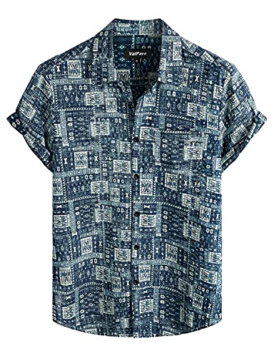 VATPAVE Herren Front Pocket HawaiiHemden Freizeithemden Blumen Kurzarm Knopfleiste Tropische Strandhemden X-Large Marineblau von VATPAVE