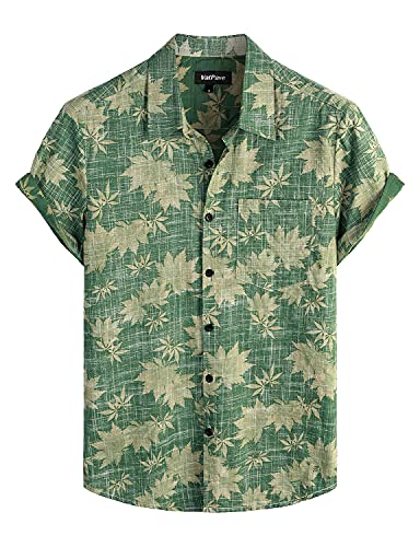 VATPAVE Herren Front Pocket HawaiiHemden Freizeithemden Blumen Kurzarm Knopfleiste Tropische Strandhemden Groß Grüne Blätter von VATPAVE